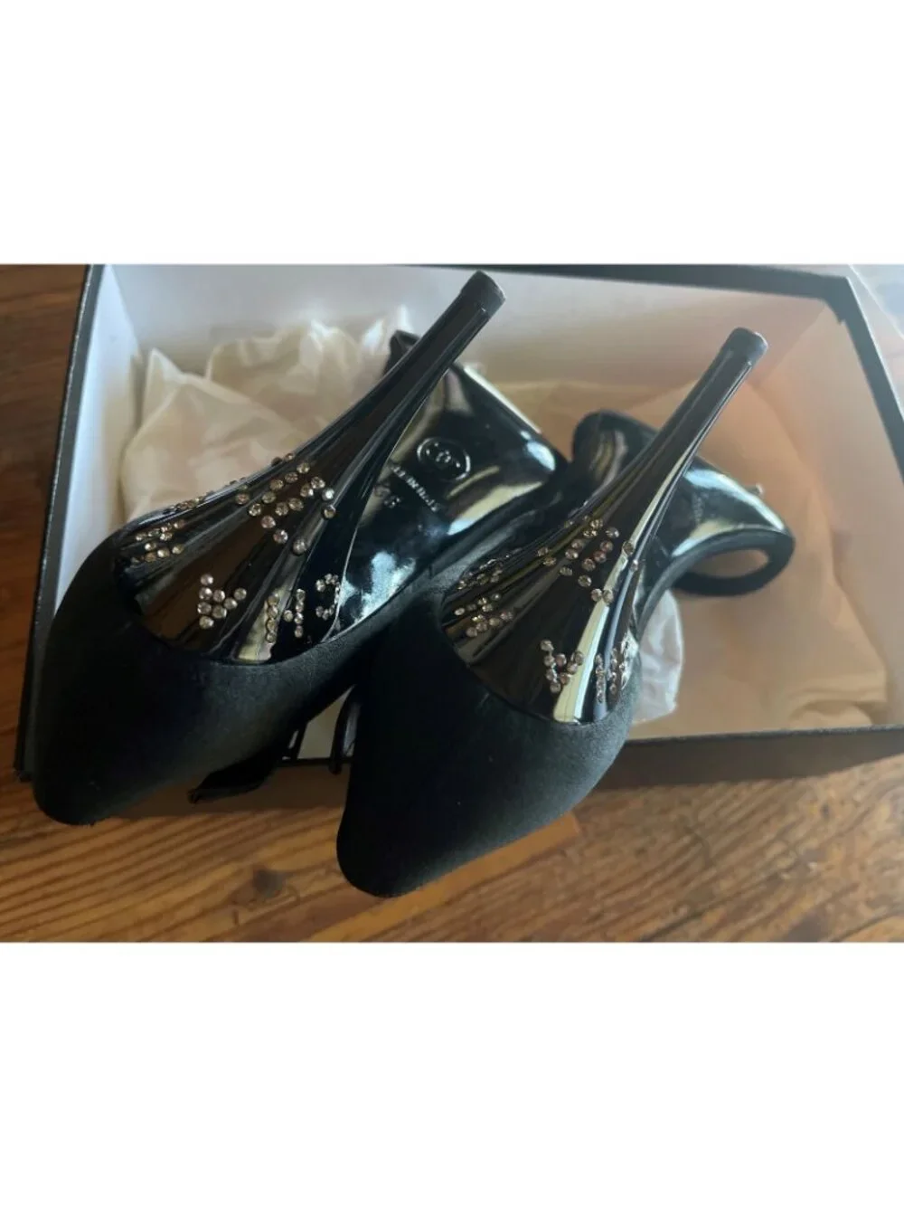 CHANEL CC Logo Crystal Black Heels Sandals 36 - New in Box